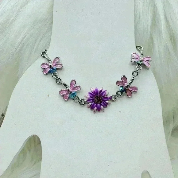 Pink Butterflies Violet Flower Bracelet - Picture 3 of 9